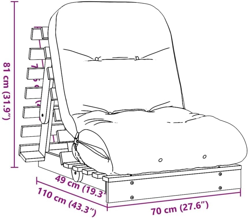 Futon Sofa Bed with Mattress, Pine Wood, Pressure Treated, 70 x 206 x 11 cm, Adjustable Backrest, Foldable as a Guest Bed, Space Saving for Sitting and Lying