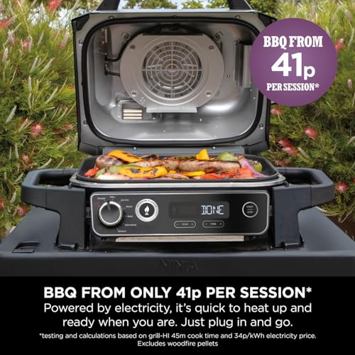 Ninja Woodfire Electric BBQ Grill & Smoker, 7-in-1 Outdoor Grill & Air Fryer, Roast, Bake, Dehydrate, Uses Woodfire Pellets, Weather Resistant, Non-Stick, Portable, Electric, Grey/Black, OG701UK