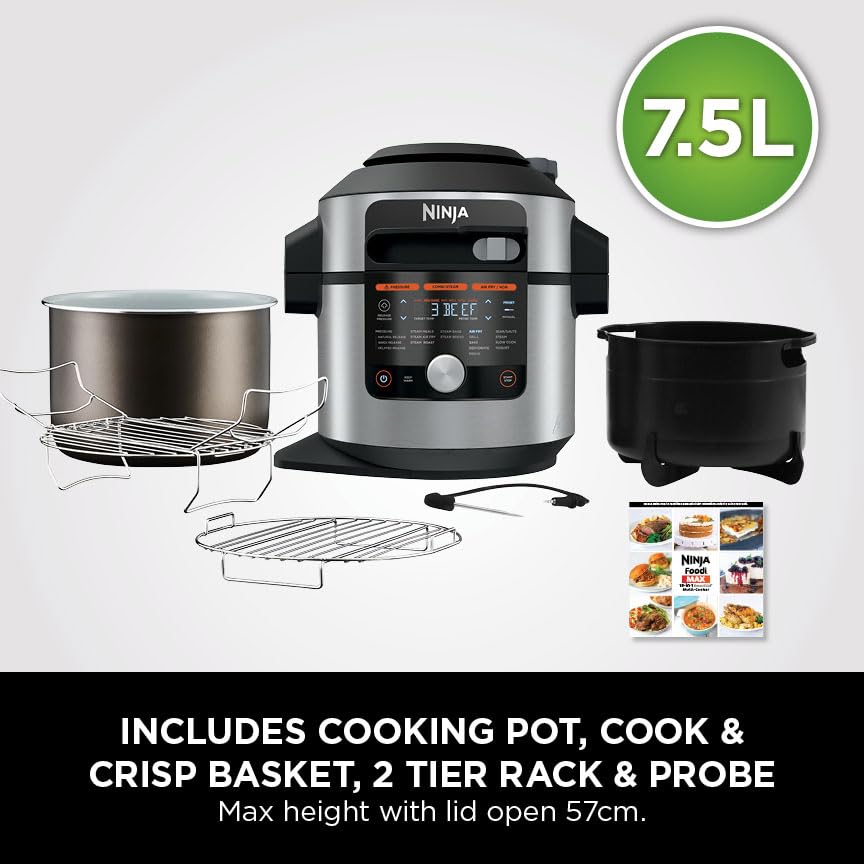 Ninja Foodi MAX 15-in-1 SmartLid Multi-Cooker 7.5L [OL750UK] Smart Cook System, Digital Cooking Probe, Electric Pressure Cooker, Air Fryer