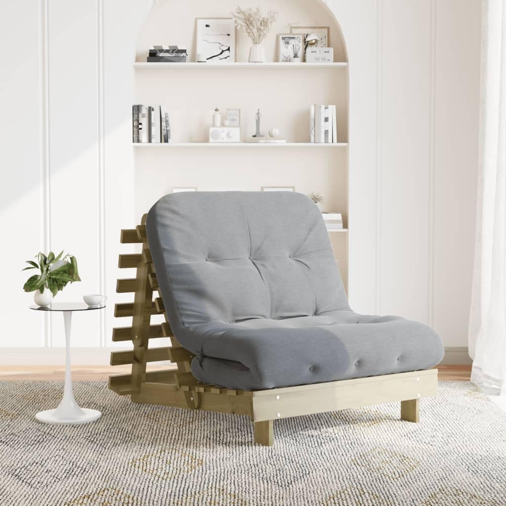 Futon Sofa Bed with Mattress, Pine Wood, Pressure Treated, 70 x 206 x 11 cm, Adjustable Backrest, Foldable as a Guest Bed, Space Saving for Sitting and Lying
