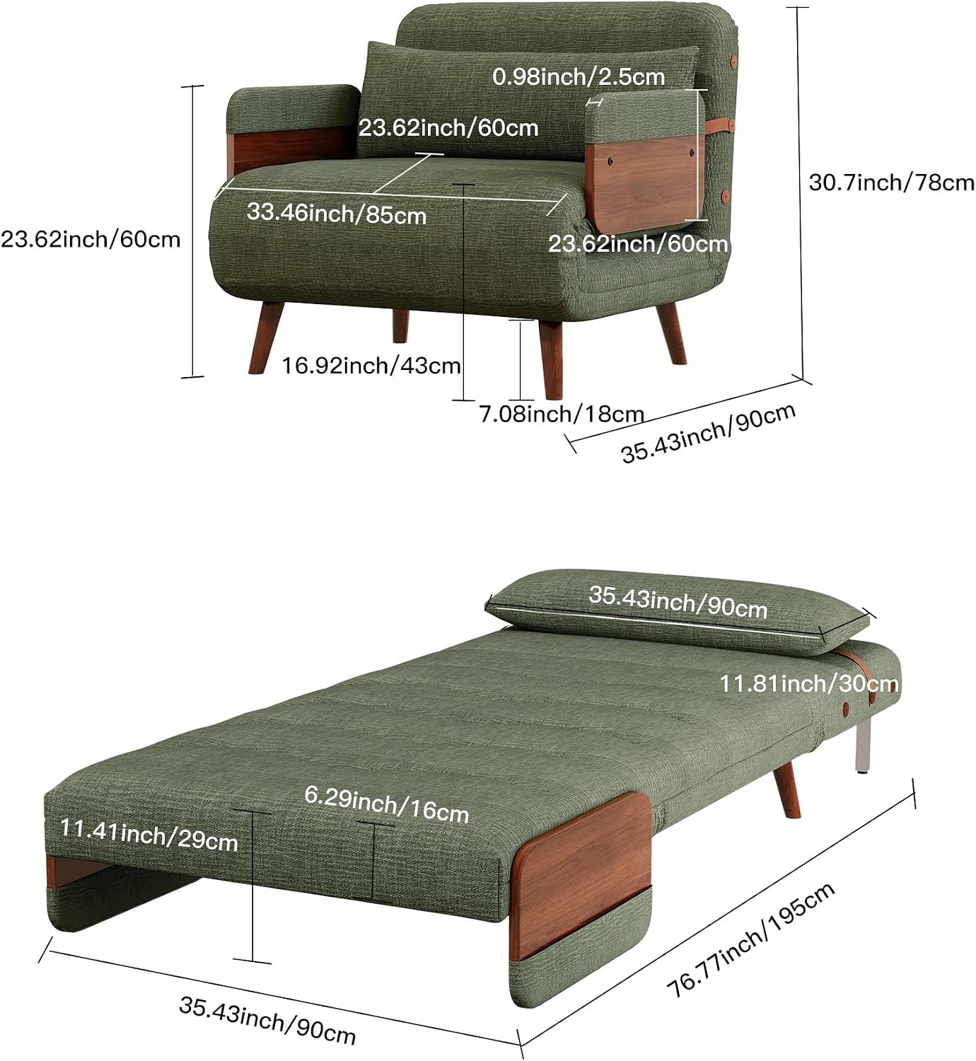 Sofa Bed Green Velvet Convertible Sleeper Chair, Mid Century Design, Comfortable Armchair for Living Room or Guest Room, Space-Saving and Stylish Furniture