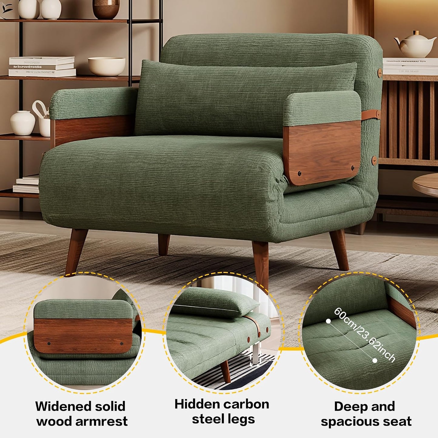 Sofa Bed Green Velvet Convertible Sleeper Chair, Mid Century Design, Comfortable Armchair for Living Room or Guest Room, Space-Saving and Stylish Furniture