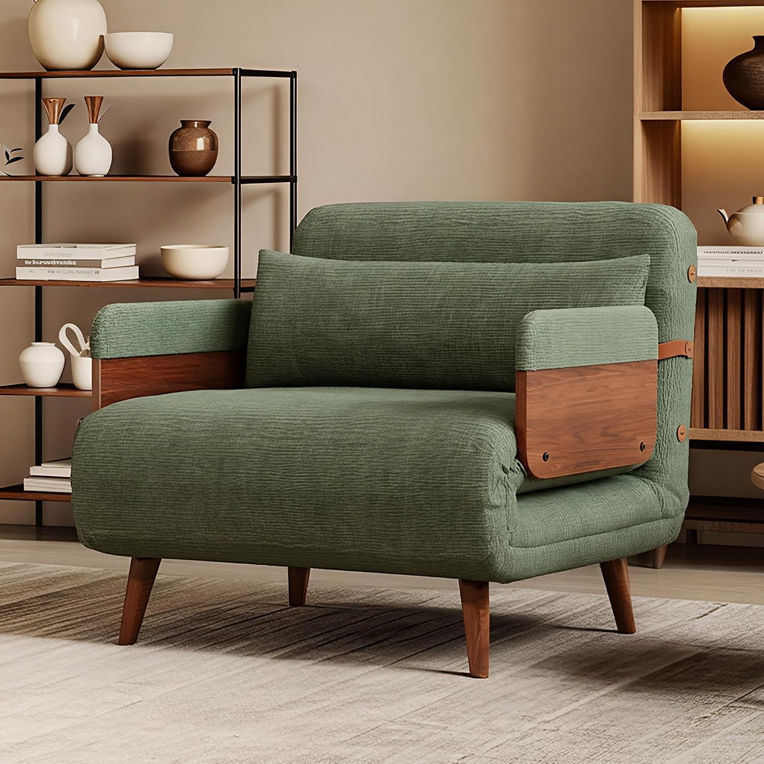 Sofa Bed Green Velvet Convertible Sleeper Chair, Mid Century Design, Comfortable Armchair for Living Room or Guest Room, Space-Saving and Stylish Furniture