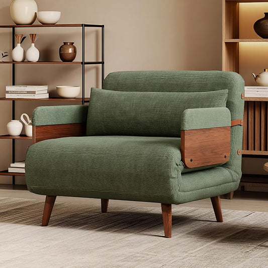 Sofa Bed Green Velvet Convertible Sleeper Chair, Mid Century Design, Comfortable Armchair for Living Room or Guest Room, Space-Saving and Stylish Furniture