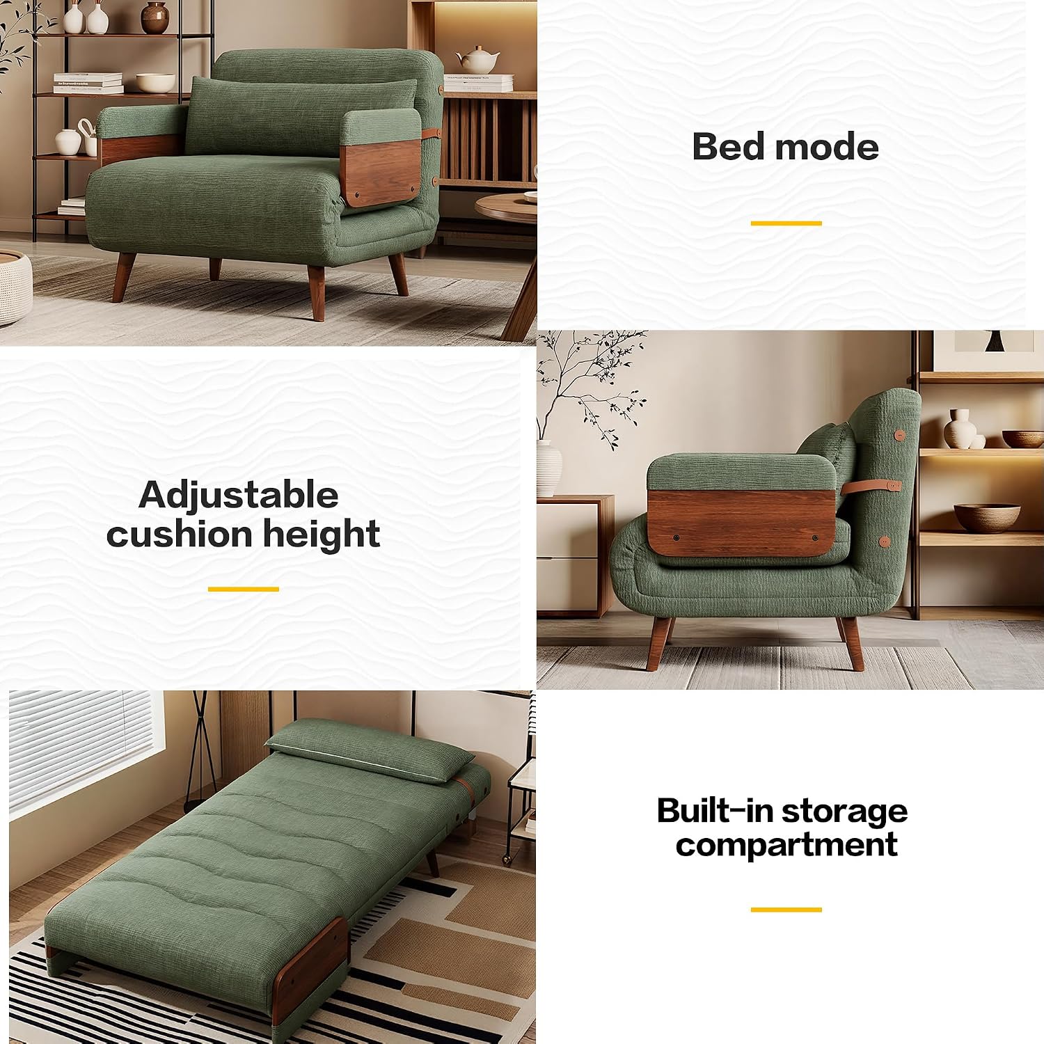 Sofa Bed Green Velvet Convertible Sleeper Chair, Mid Century Design, Comfortable Armchair for Living Room or Guest Room, Space-Saving and Stylish Furniture
