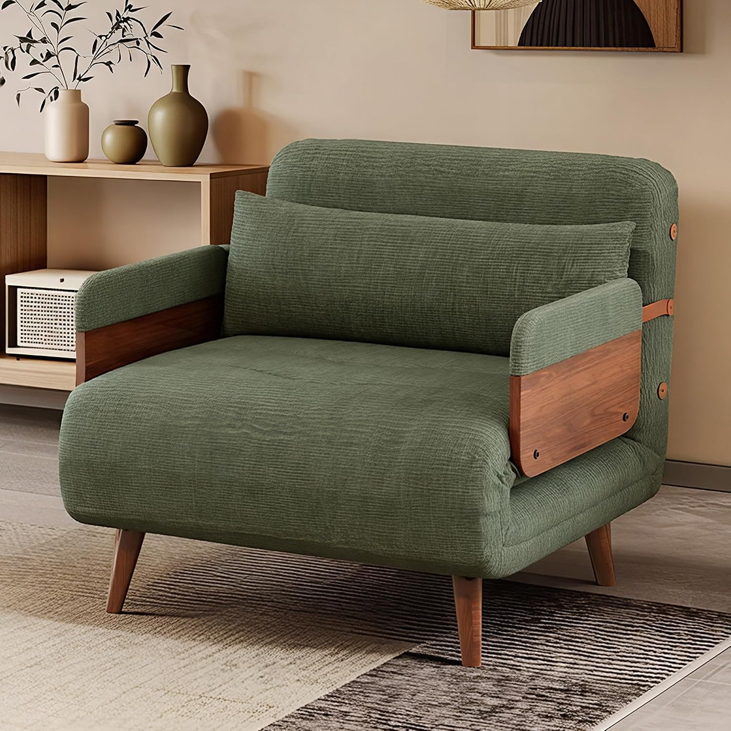 Sofa Bed Green Velvet Convertible Sleeper Chair, Mid Century Design, Comfortable Armchair for Living Room or Guest Room, Space-Saving and Stylish Furniture